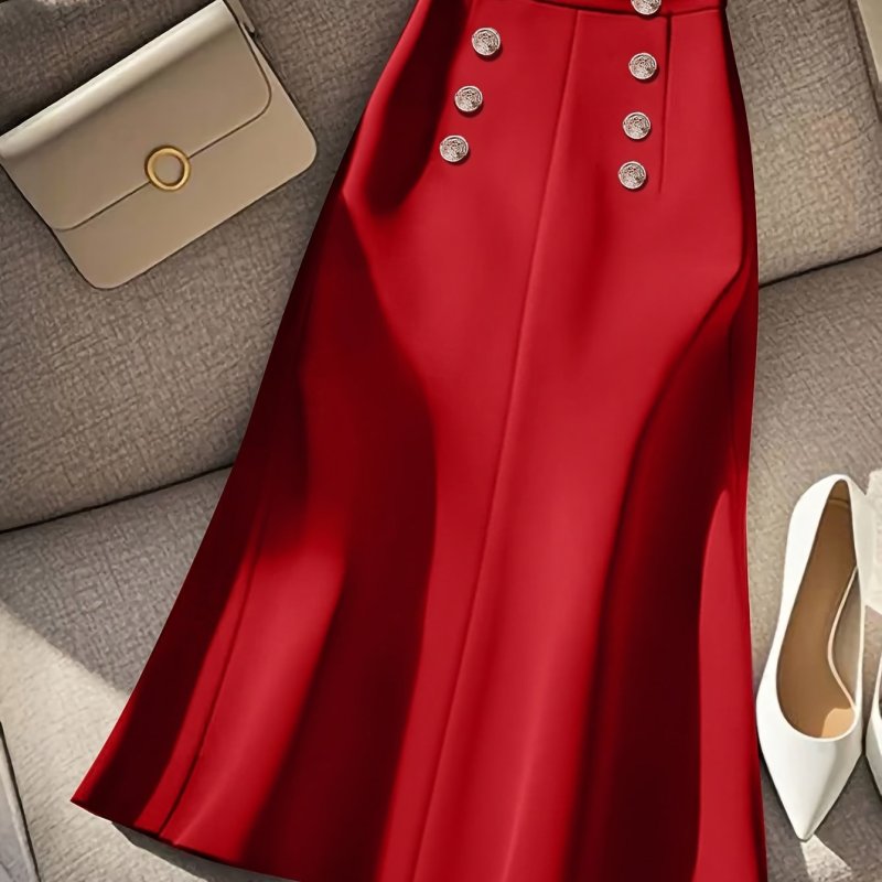 Women's A-line Skirt, Solid Color, Spring\u002Fsummer, Elegant Casual, Metal Buckle Embellished