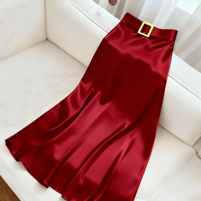 Glossy Fabric Elegant Midi Skirt