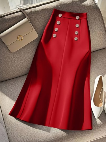 Women's A-line Skirt, Solid Color, Spring\u002Fsummer, Elegant Casual, Metal Buckle Embellished