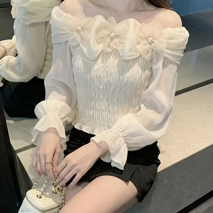 Off-The-Shoulder Three-Dimensional Flower Long-Sleeved Shirt Women'S Lotus Leaf Edge Waist- Shirt Gentle Style Slim Top