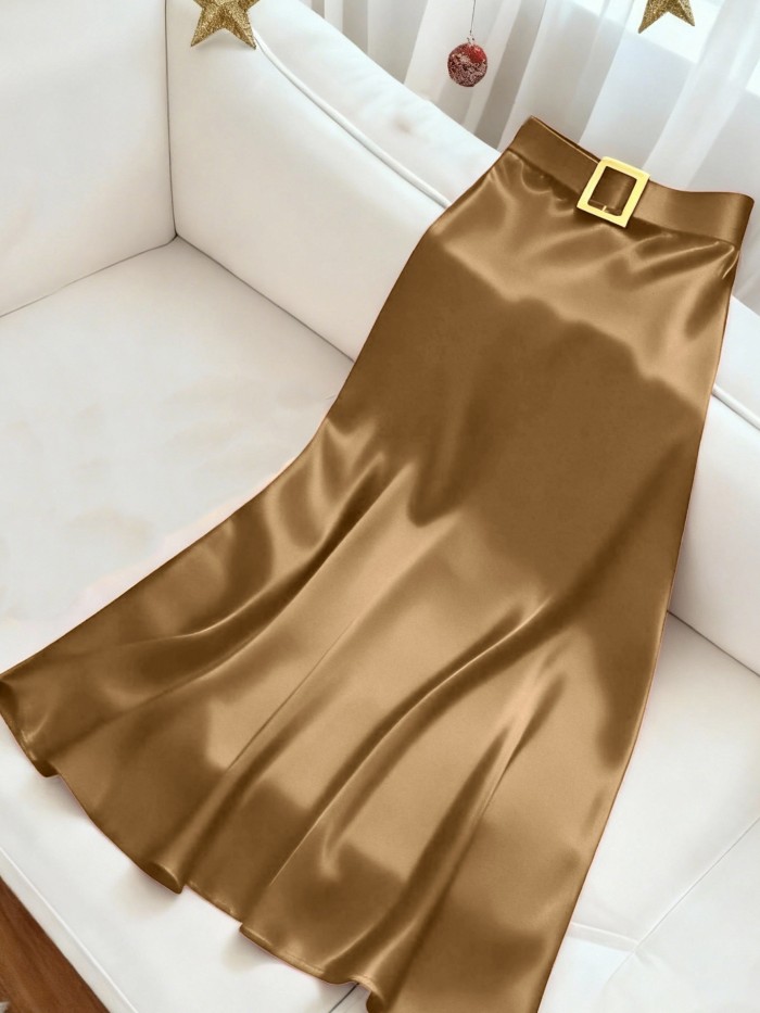 Glossy Fabric Elegant Midi Skirt