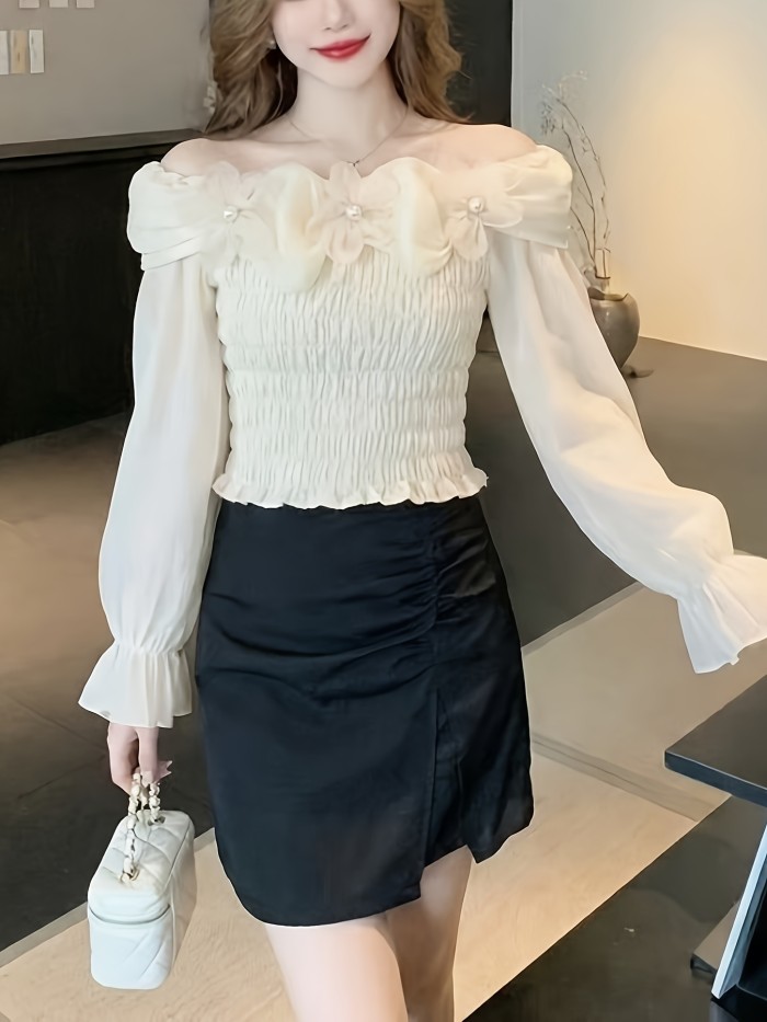 Off-The-Shoulder Three-Dimensional Flower Long-Sleeved Shirt Women'S Lotus Leaf Edge Waist- Shirt Gentle Style Slim Top