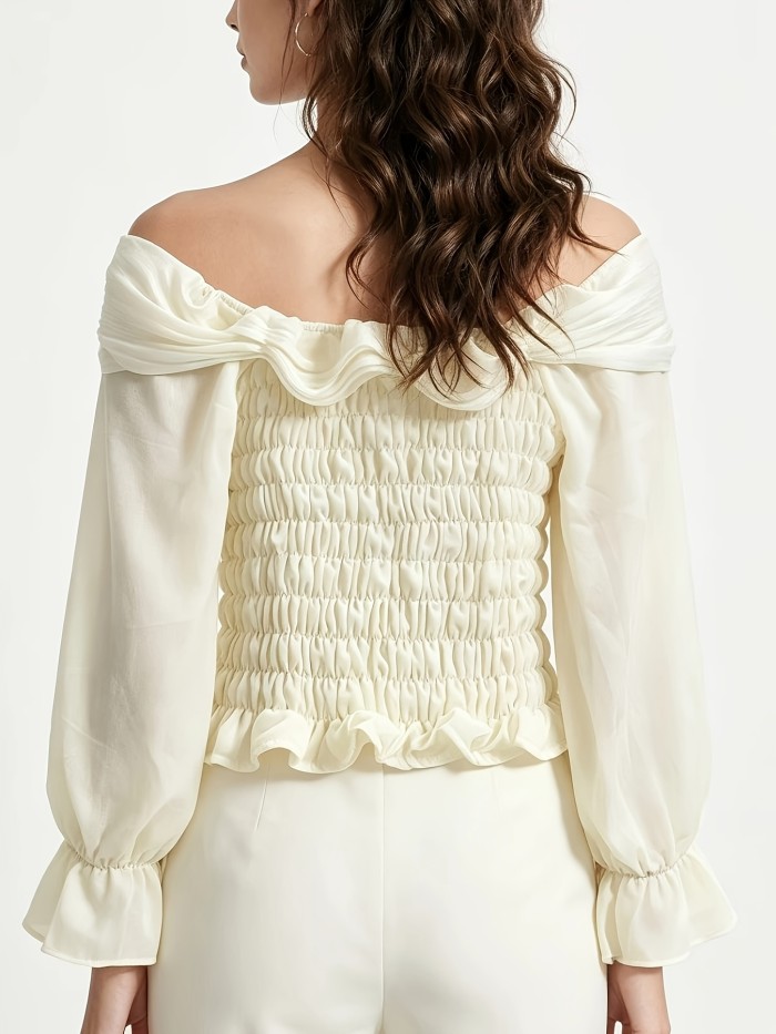 Off-The-Shoulder Three-Dimensional Flower Long-Sleeved Shirt Women'S Lotus Leaf Edge Waist- Shirt Gentle Style Slim Top