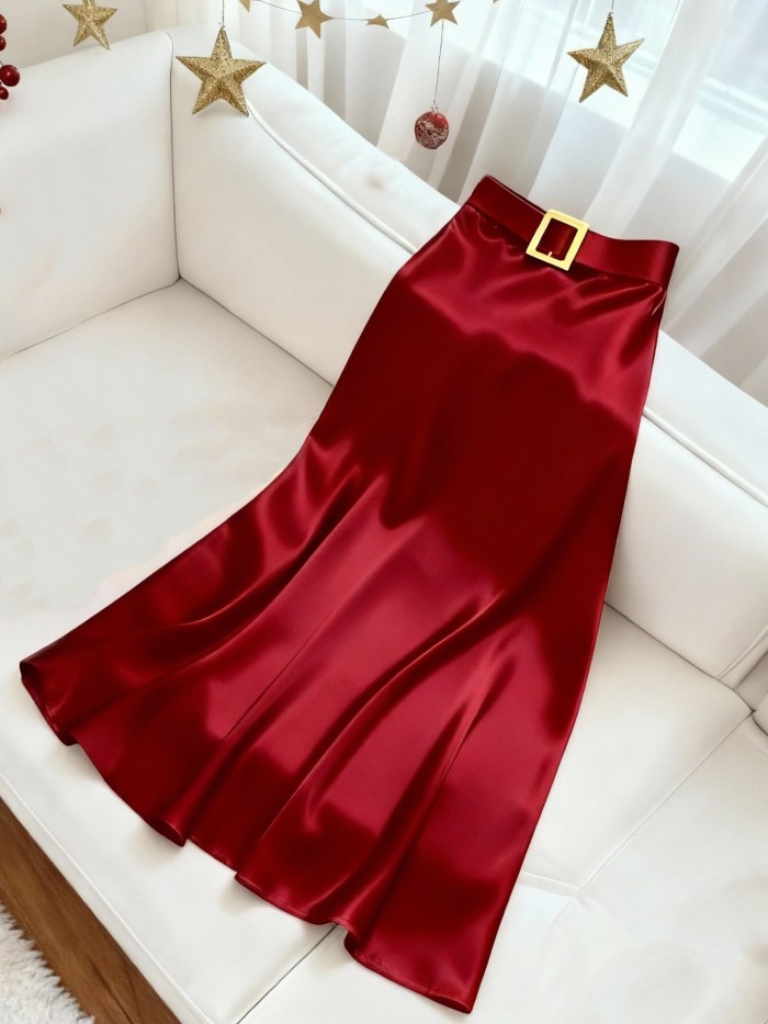 Glossy Fabric Elegant Midi Skirt