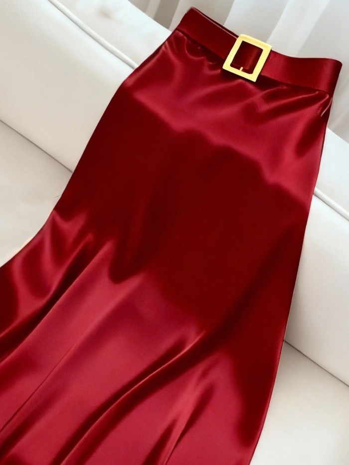 Glossy Fabric Elegant Midi Skirt
