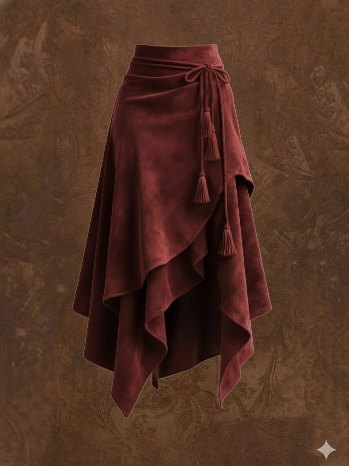 Vintage-style Irregular Midi Skirt with Waist Tie and Fringe Detail