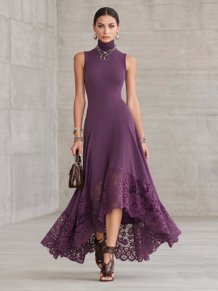Sexy Mock-neck Stretch Dress With Lace Hem