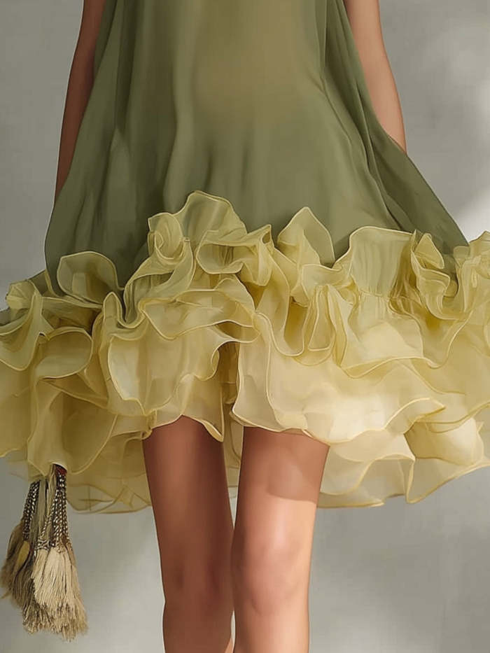 Color-block Chiffon Sleeveless A-line Dress With Ruffled Hem