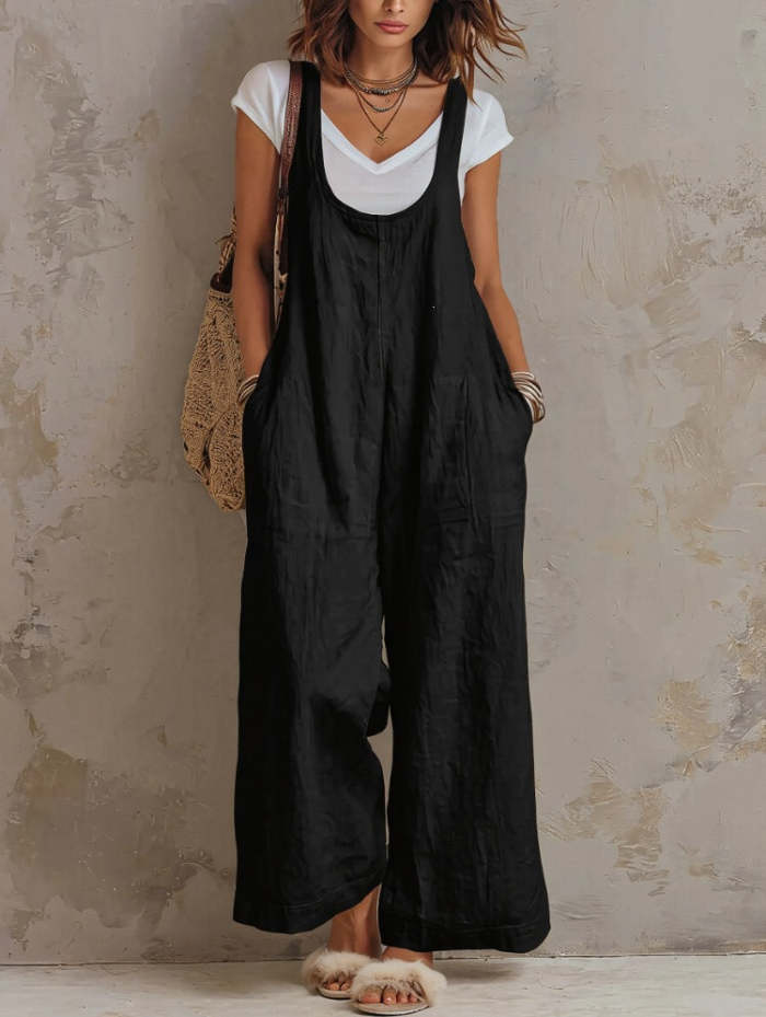 Women's Solid-color Cotton-linen Jumpsuit