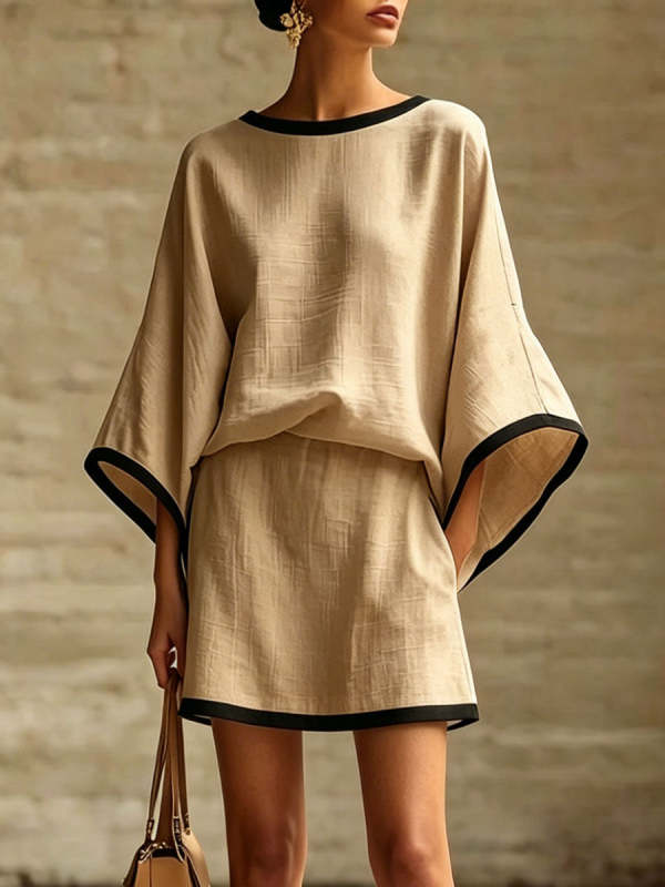 Women's Color-Block Trimmed Batwing-Sleeve Crewneck Top & Mini Skirt Set