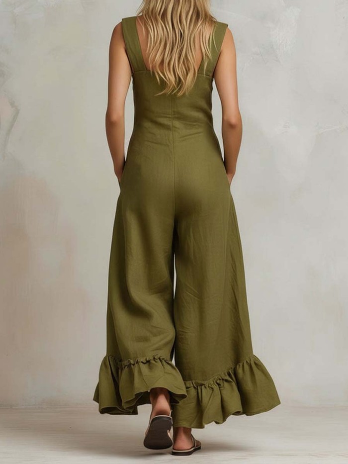 Women's Solid Color Ruffled Art Casual Stylish Comfortable Cotton Linen Jumpsuit
