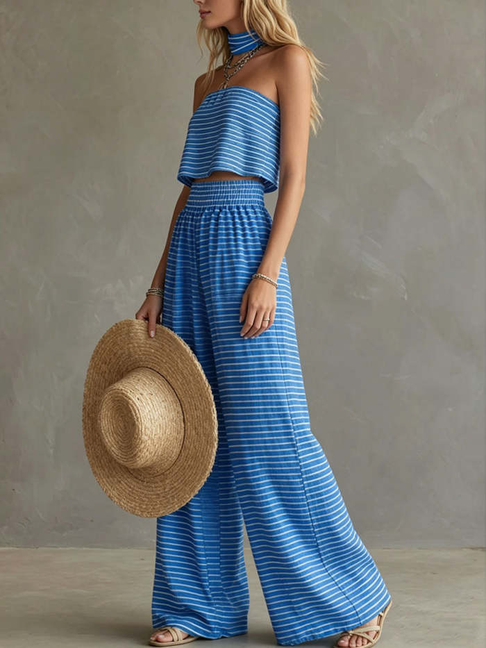 Women's Blue Striped Off-the-shoulder Top And Wide-leg Pants Set