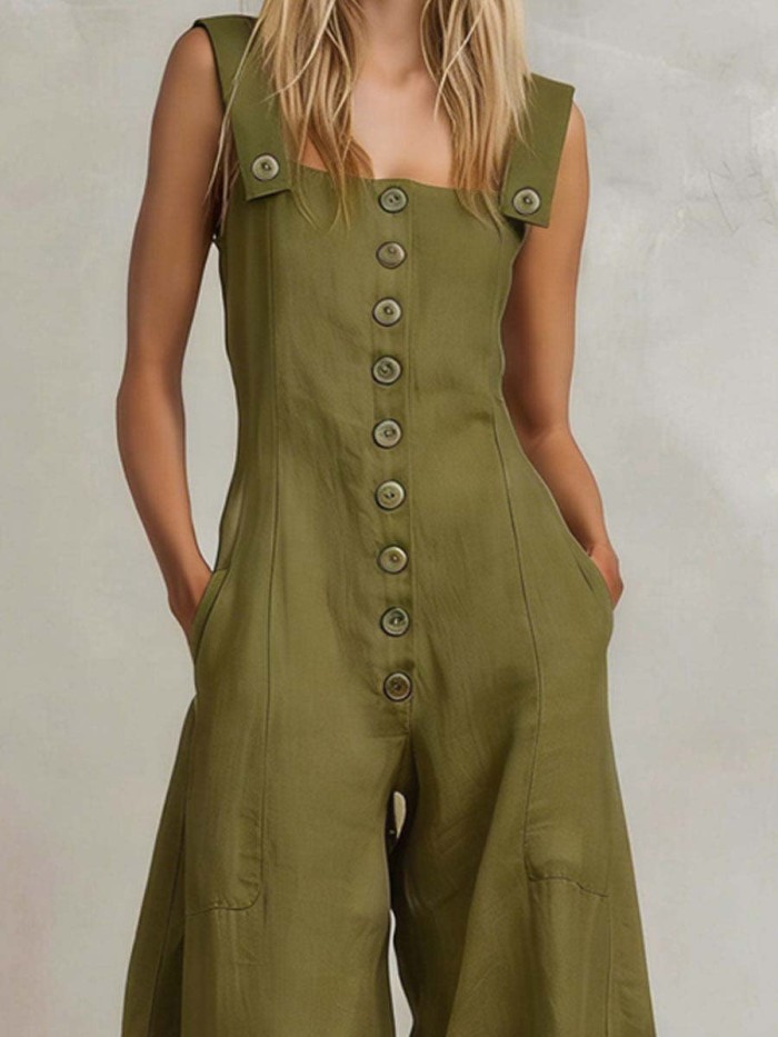 Women's Solid Color Ruffled Art Casual Stylish Comfortable Cotton Linen Jumpsuit