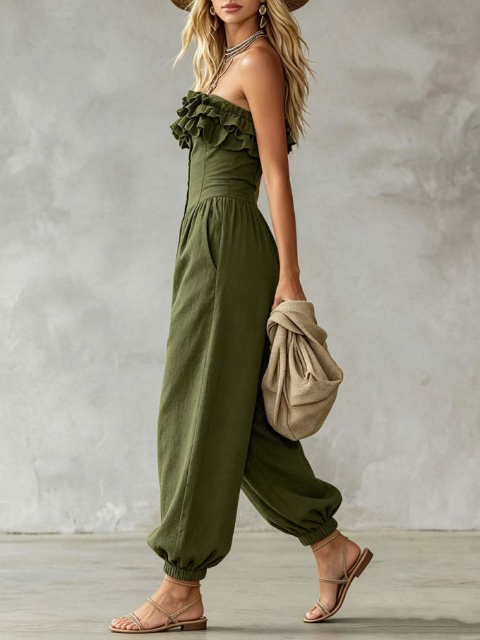 Women's Off-the-shoulder Ruffled Strapless Sleeveless Jumpsuit