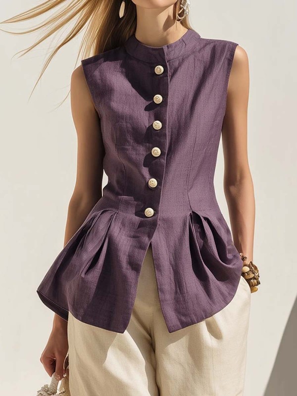 Women's Retro Solid Color Art Casual Sleeveless Cotton Linen Shirt