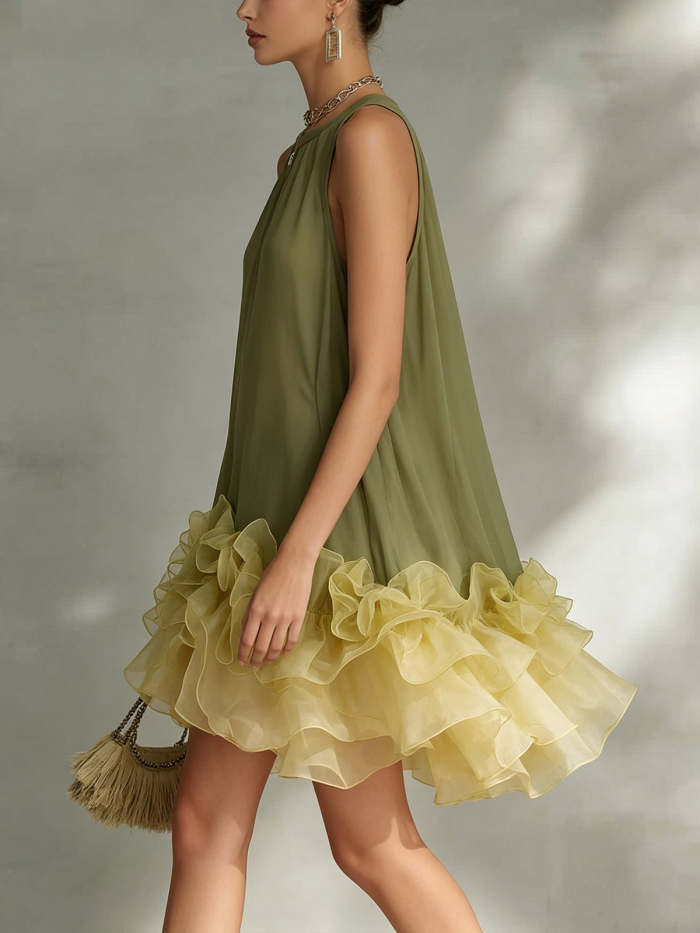 Color-block Chiffon Sleeveless A-line Dress With Ruffled Hem