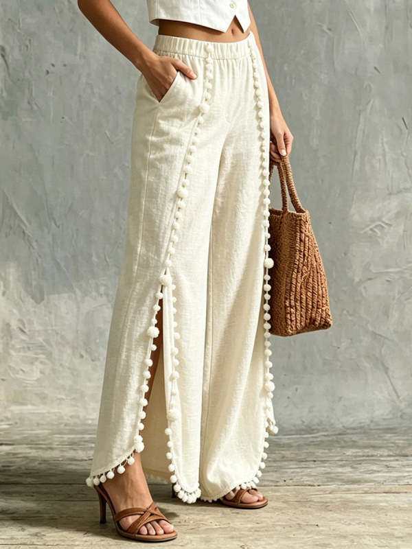 Women's Slits And Pom-poms Casual Wide-leg Trousers