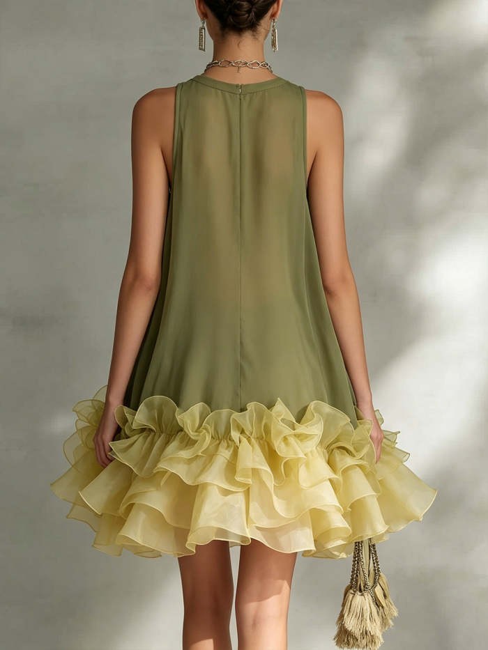 Color-block Chiffon Sleeveless A-line Dress With Ruffled Hem