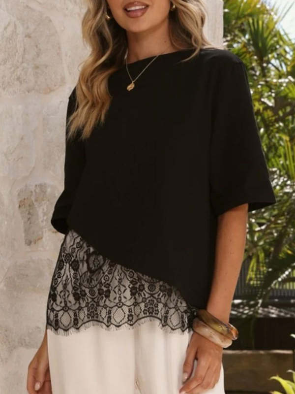 Women's Solid-color Round-neck 3/4-sleeve Casual Loose-fit Top With Lace Splicing