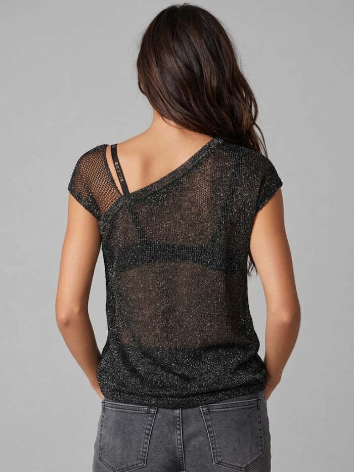 Women's Black Off-shoulder Mesh Shiny Knitted Top