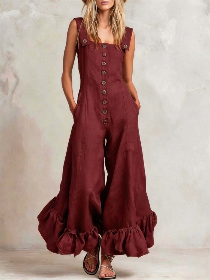 Women's Solid Color Ruffled Art Casual Stylish Comfortable Cotton Linen Jumpsuit