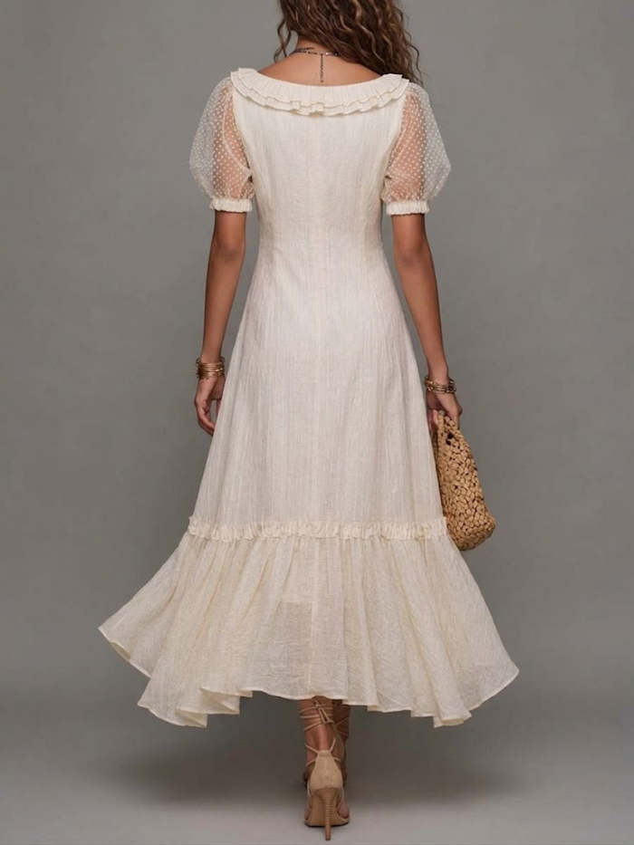 Elegant Linen And Cotton Dress With Mesh-paneled Sleeves And Half-zip Closure