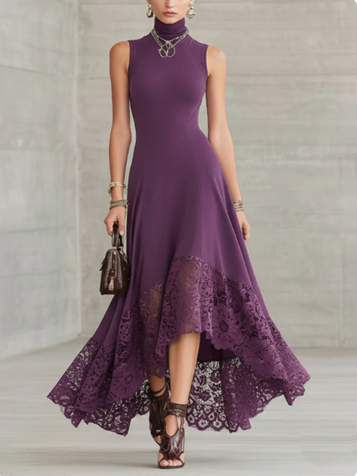 Sexy Mock-neck Stretch Dress With Lace Hem