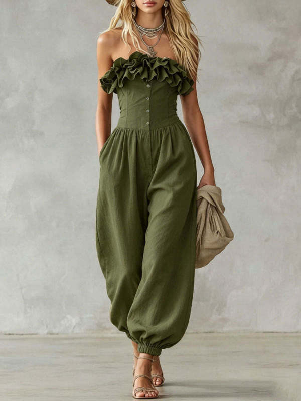 Women's Off-the-shoulder Ruffled Strapless Sleeveless Jumpsuit