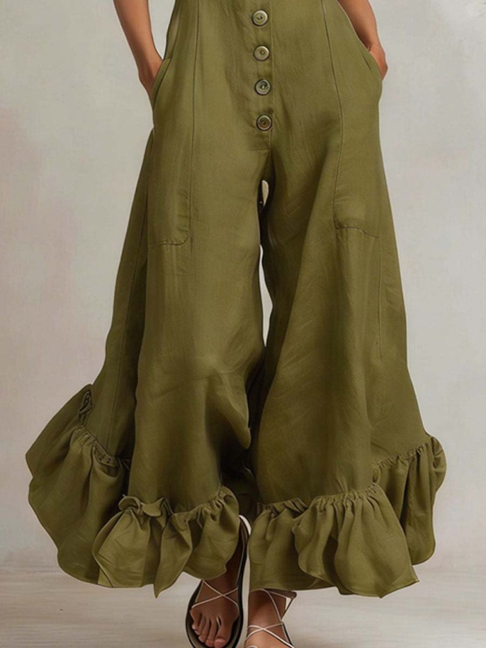 Women's Solid Color Ruffled Art Casual Stylish Comfortable Cotton Linen Jumpsuit