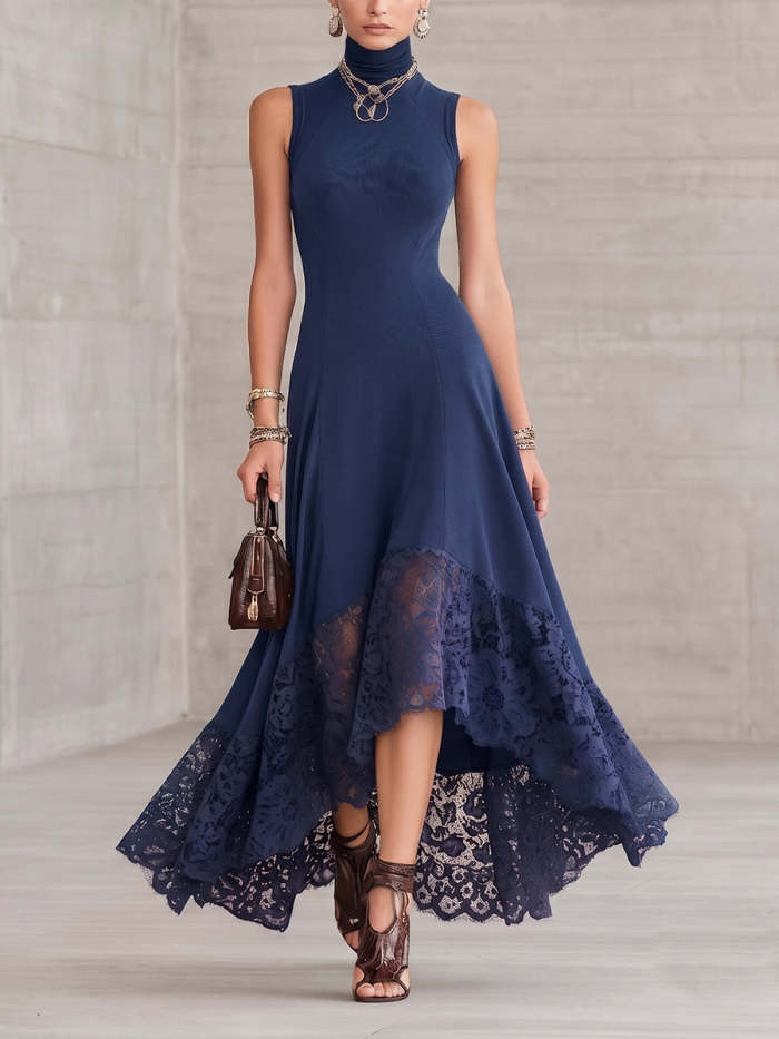 Sexy Mock-neck Stretch Dress With Lace Hem