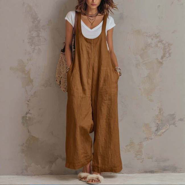 Women's Solid-color Cotton-linen Jumpsuit