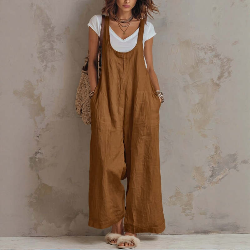 Women's Solid-color Cotton-linen Jumpsuit
