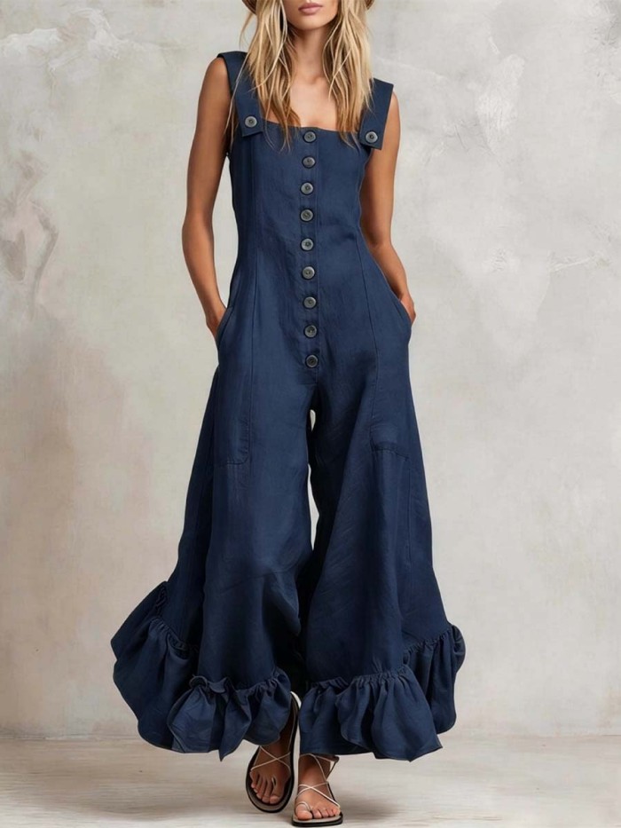 Women's Solid Color Ruffled Art Casual Stylish Comfortable Cotton Linen Jumpsuit