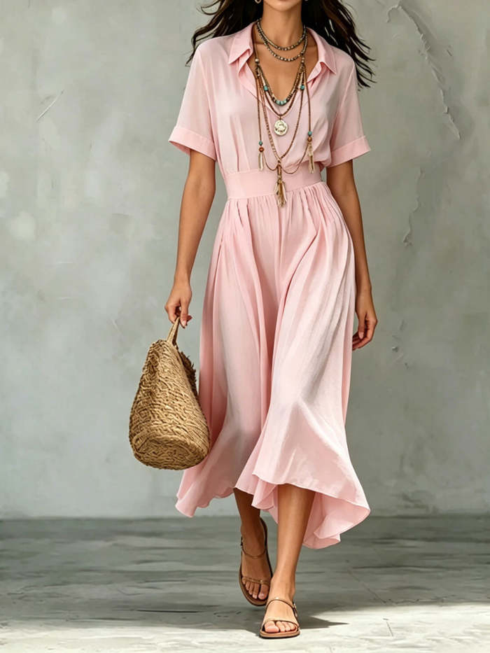 Women's Casual Solid Color Loose Fit Lapel Short-sleeve Dress