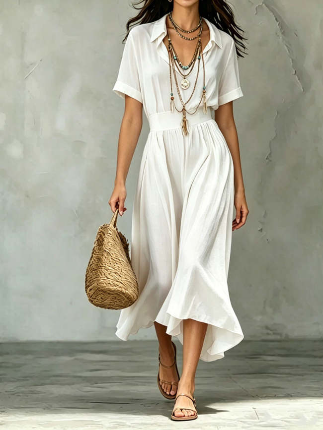 Women's Casual Solid Color Loose Fit Lapel Short-sleeve Dress