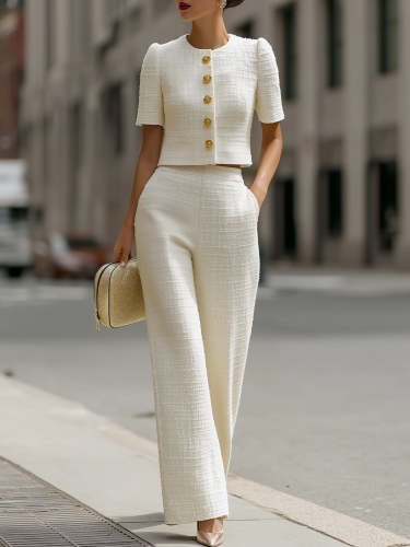 Tweed Cropped Short-Sleeve Jacket & High-Waisted Wide-Leg Pants Two-Piece Set