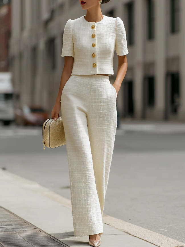 Tweed Cropped Short-Sleeve Jacket & High-Waisted Wide-Leg Pants Two-Piece Set