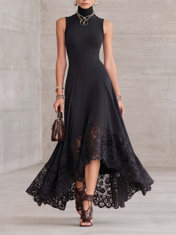 Sexy Mock-neck Stretch Dress With Lace Hem