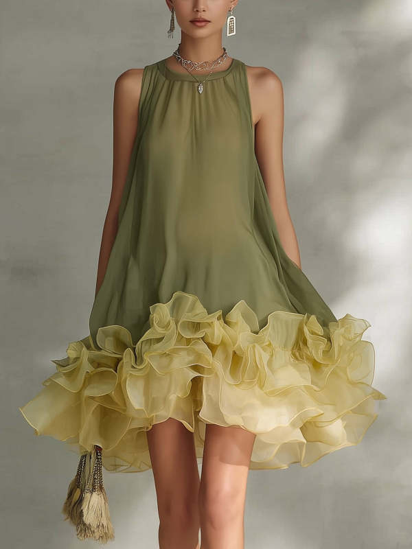 Color-block Chiffon Sleeveless A-line Dress With Ruffled Hem