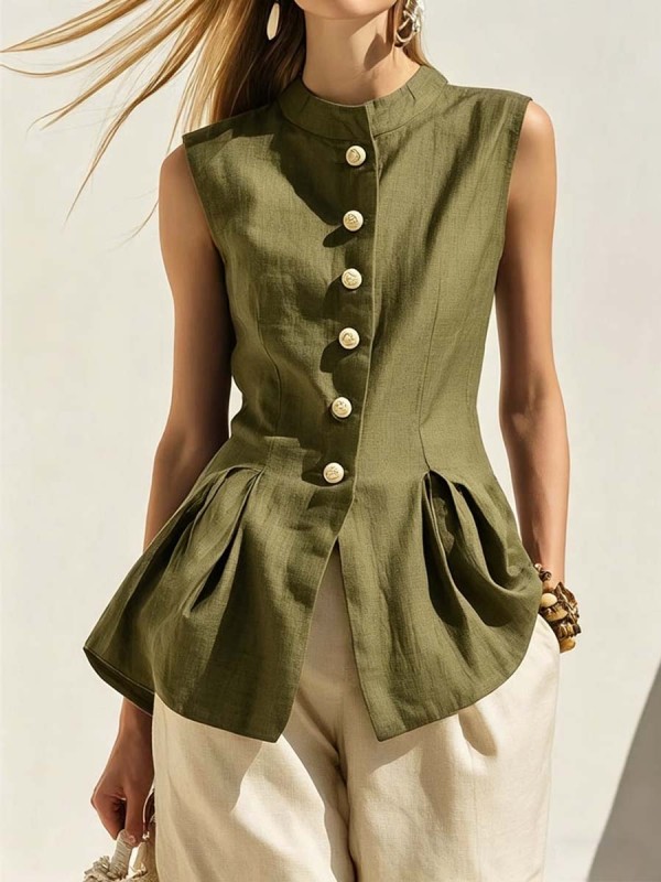 Women's Retro Solid Color Art Casual Sleeveless Cotton Linen Shirt