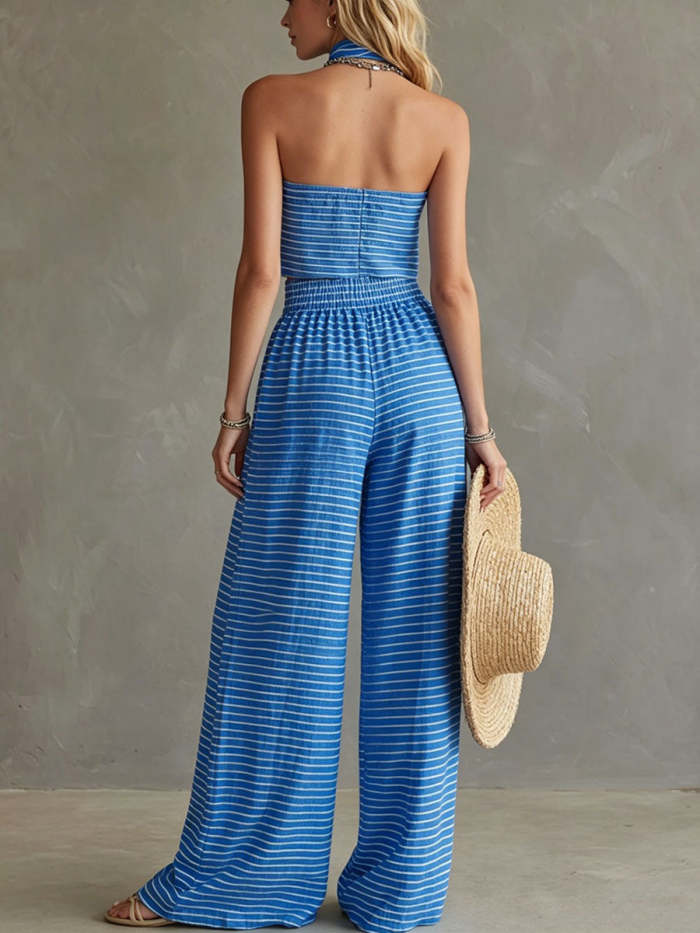 Women's Blue Striped Off-the-shoulder Top And Wide-leg Pants Set
