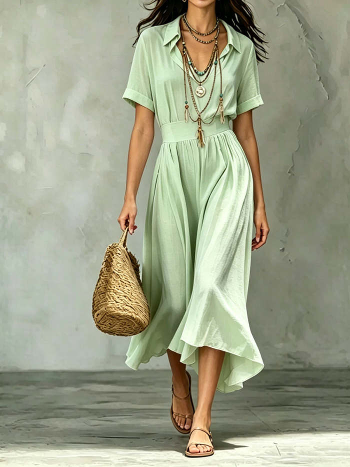 Women's Casual Solid Color Loose Fit Lapel Short-sleeve Dress