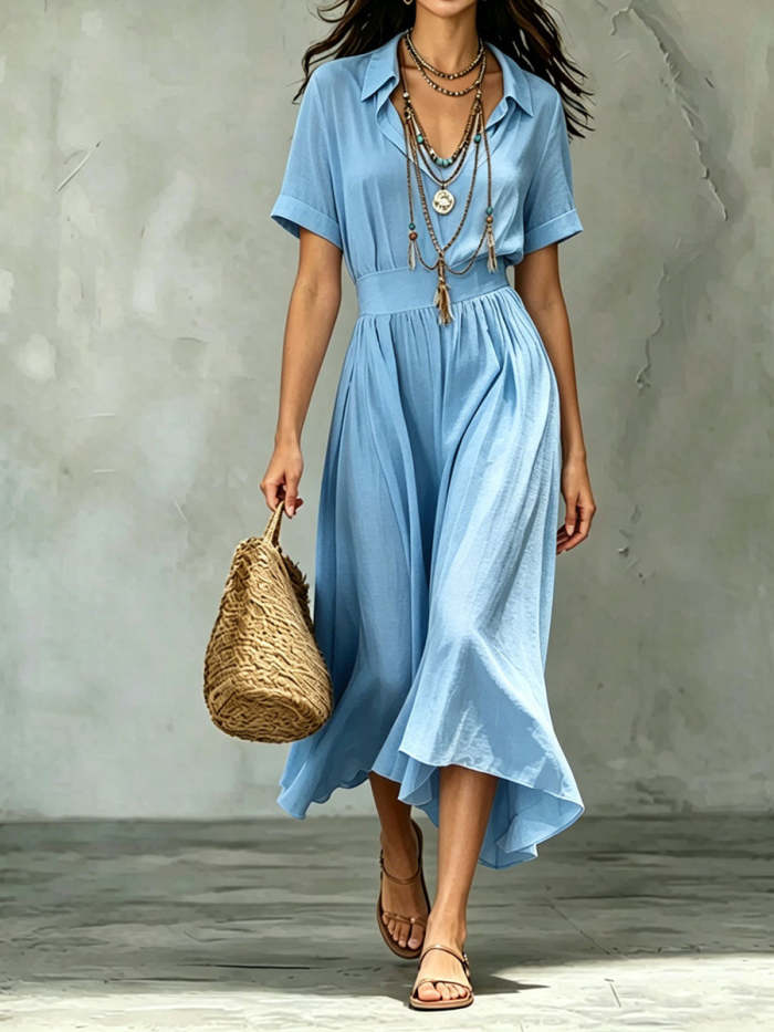 Women's Casual Solid Color Loose Fit Lapel Short-sleeve Dress