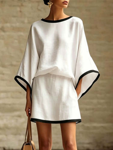 Women's Color-Block Trimmed Batwing-Sleeve Crewneck Top & Mini Skirt Set