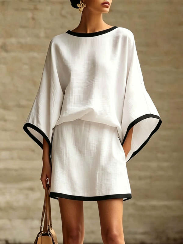 Women's Color-Block Trimmed Batwing-Sleeve Crewneck Top & Mini Skirt Set