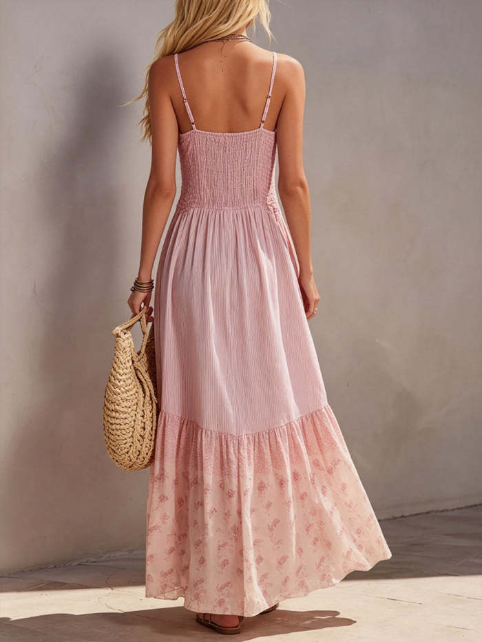 Women's Pink Striped Patchwork Chiffon Printed Maxi Dress With Spaghetti Straps