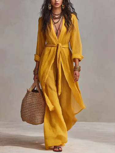Women's Bohemian Vacation Style Yellow Linen Suit