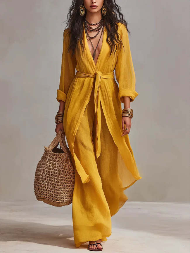 Women's Bohemian Vacation Style Yellow Linen Suit