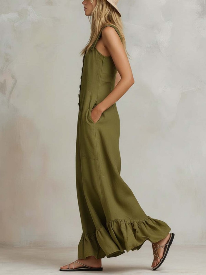 Women's Solid Color Ruffled Art Casual Stylish Comfortable Cotton Linen Jumpsuit