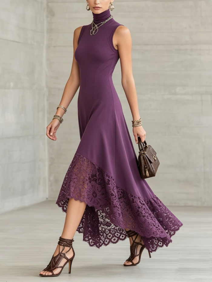 Sexy Mock-neck Stretch Dress With Lace Hem